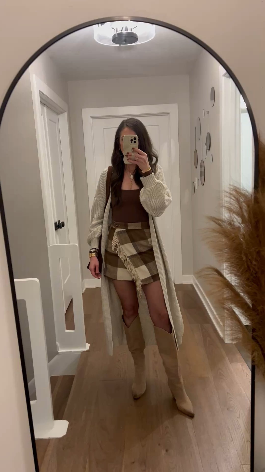 What I wore to dinner recently this fall, with the family.
plaid skirt, duster cardigan, tall boots, bodysuit, neutral browns 

#LTKSaleAlert #LTKOver40 #LTKFindsUnder50