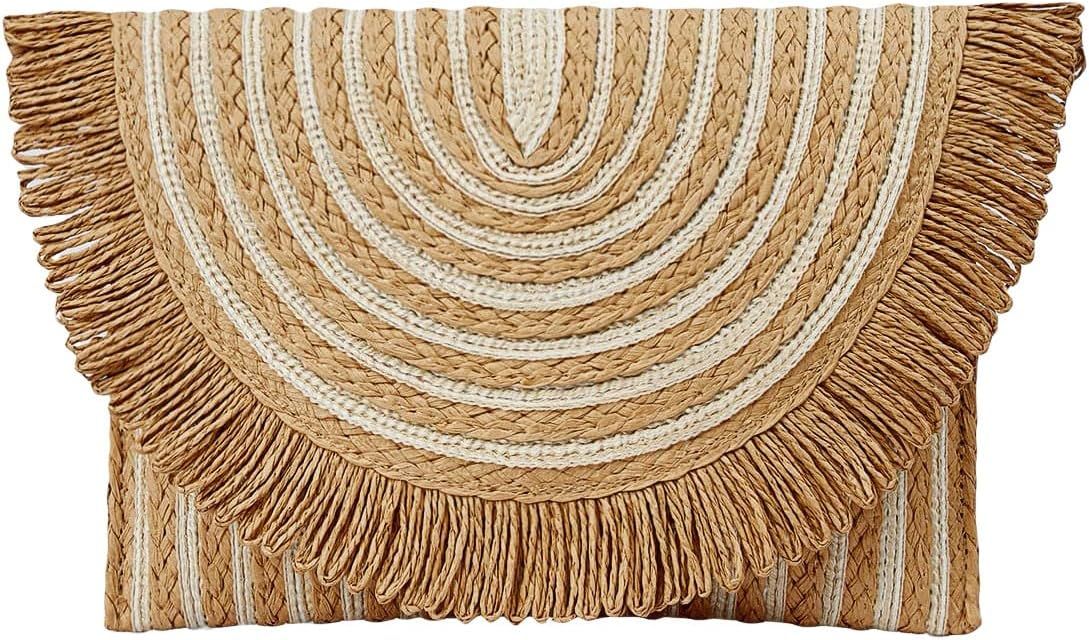 Verdusa Women's Fringe Straw Clutch Handbags Envelope Woven Summer Beach Bags | Amazon (US)