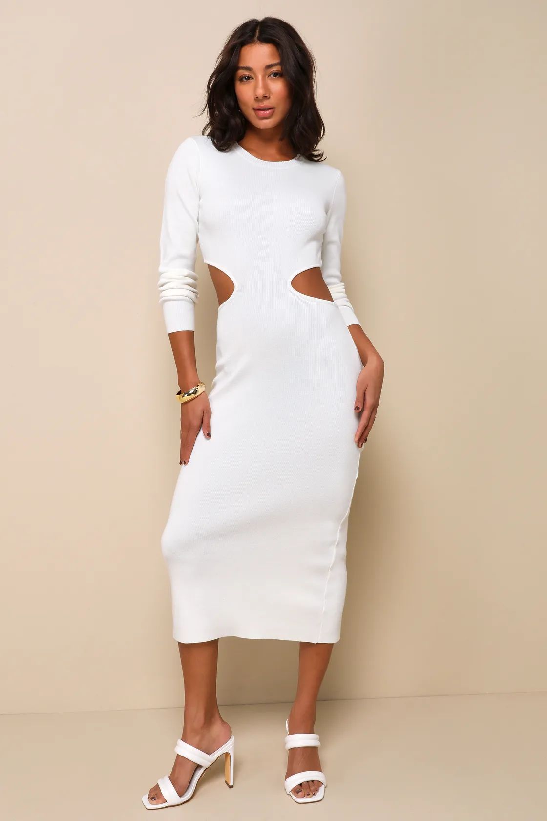 Oasis Bound Ivory Long Sleeve Cutout Sweater Midi Dress | Lulus