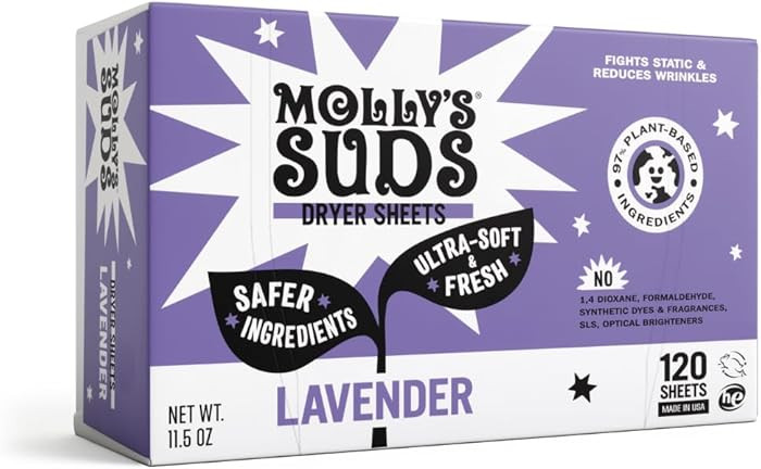 Molly's Suds Fabric Softener Dryer Sheets for Sensitive Skin | Plant-Based Static Reducer, Plasti... | Amazon (US)