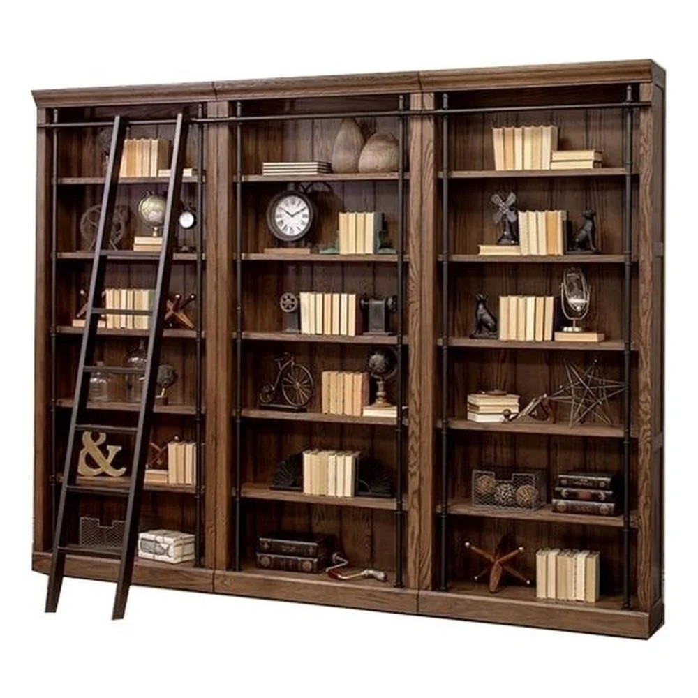 Maklaine Tall Wood Bookcase Wall with Ladder Storage Organizer in Brown | Walmart (US)
