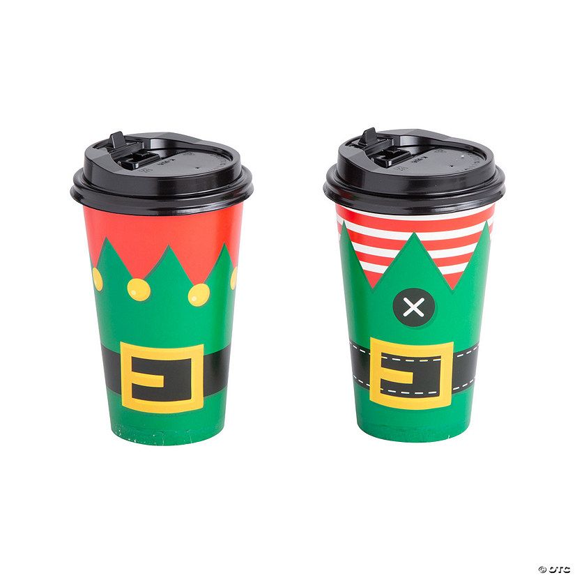 16 oz. Christmas Elf Outfit Disposable Paper Coffee Cups with Lids - 12 Ct. | Oriental Trading Company
