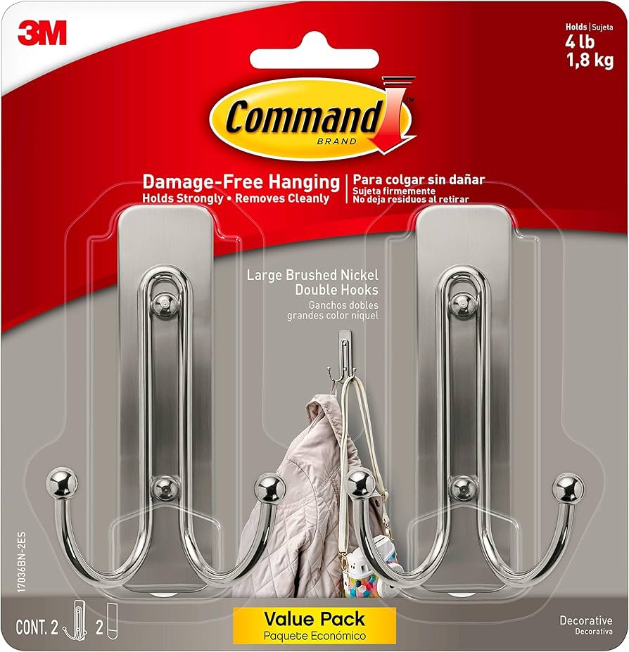 Command Large Brushed Nickel Double Hooks, 2 Hooks and 2 Command Strips, Damage Free Hanging Wall... | Amazon (US)