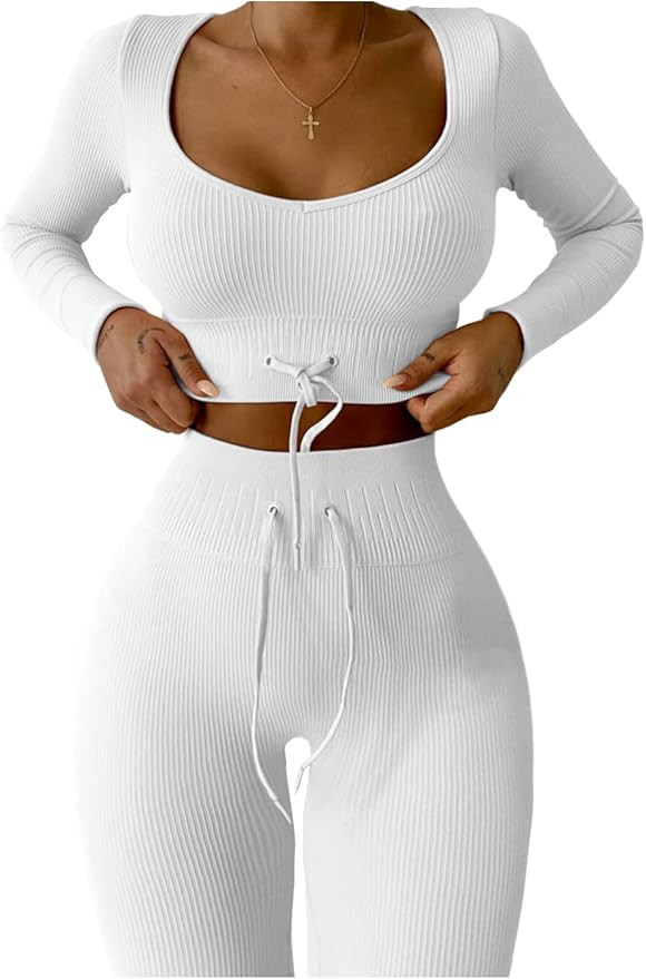QINSEN Workout Sets for Women 2 Piece Seamless Long Sleeve Crop Tops Ribbed High Waist Leggings | Amazon (US)