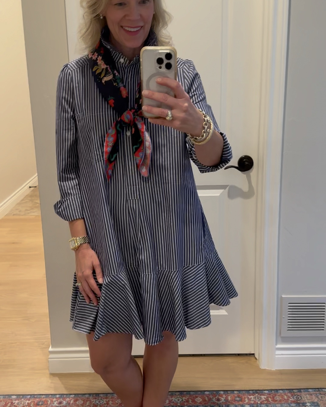 Love love love this dress!!  The navy and white striped cotton is such a classic and I know I will wear it a lot! It is a roomier fit, so size down if you want it more fitted. I paired it with my favorite scarf and cute little wedge sandals ♥️
Work dress. Classic style. Scarf. Tuckernuck. Rifle paper. Toms

#LTKWorkwear #LTKVideo #LTKSeasonal