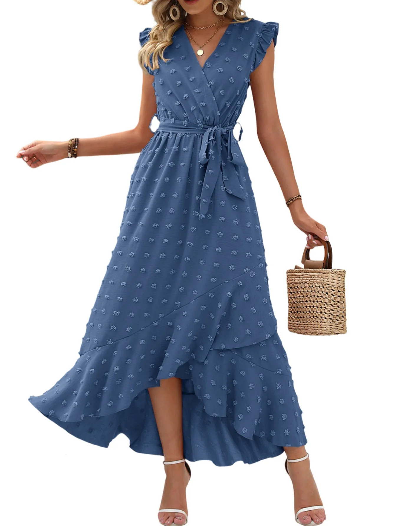 FreshPretty Women V Neck Summer Dress Cap Sleeve Swiss Dot Boho Flowy Ruffle Slit Beach Party Lon... | Walmart (US)