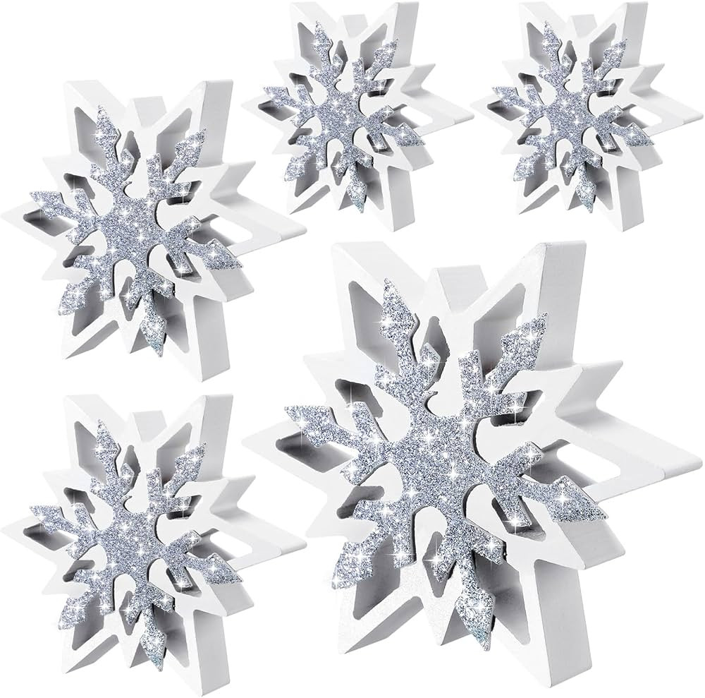Suzile 5 Pcs Large Thick Wooden Glitter Snowflake Decorations - Winter Farmhouse Snowflake Center... | Amazon (US)