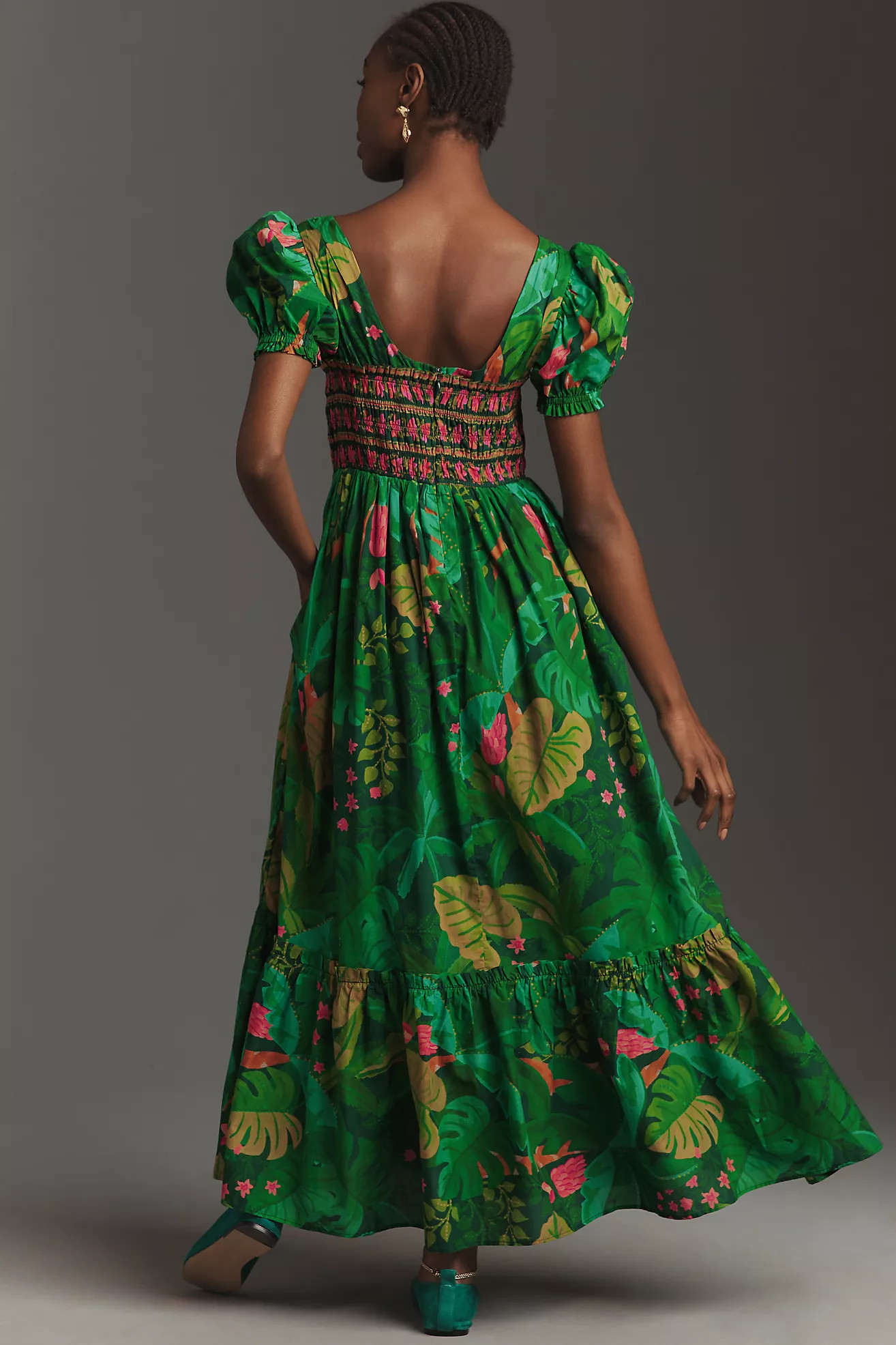 Farm Rio Short-Sleeve Square-Neck Ruched Maxi Dress | Anthropologie (US)