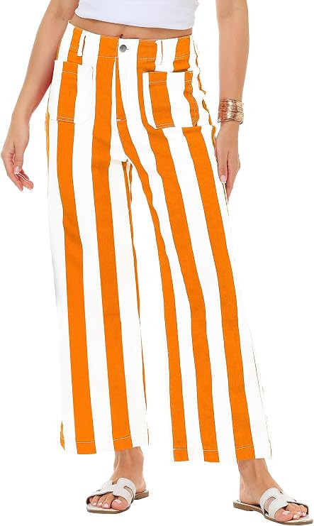 Women Striped Jeans Stretchy Cropped Vertical Denim Pants with Pockets | Amazon (US)
