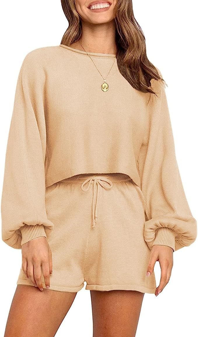 SAEKLIA Women's Cozy 2 Piece Outfits Lounge Pajamas Sets Long Sleeve Knit Tops and Shorts Sweatsu... | Amazon (US)