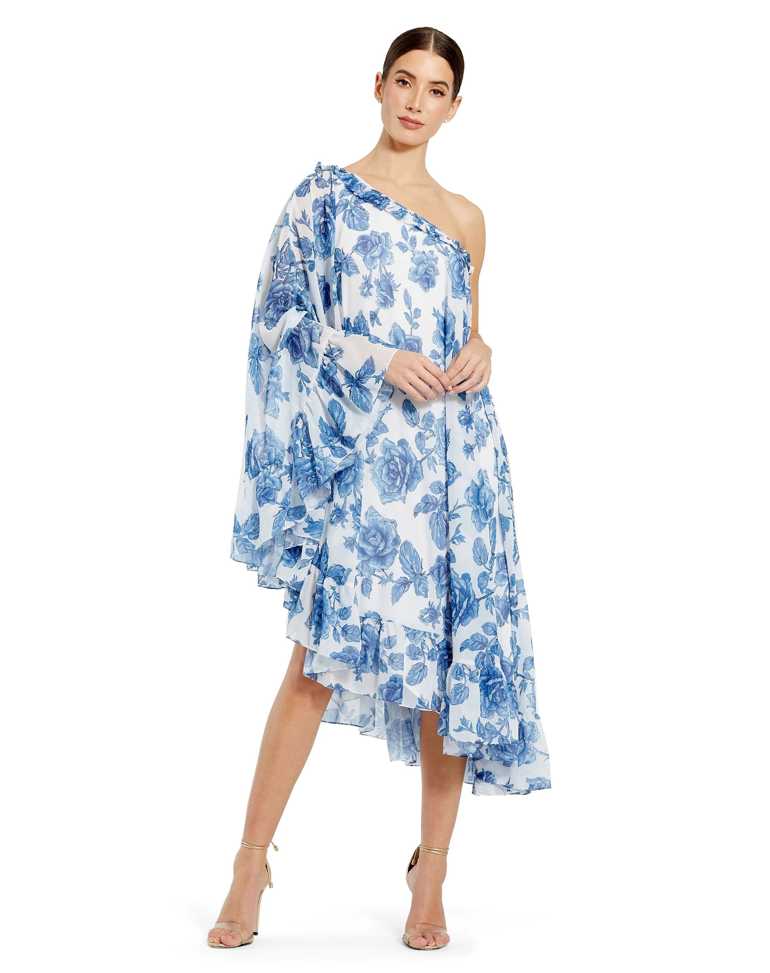Floral Print One Shoulder Cape Dress | Mac Duggal
