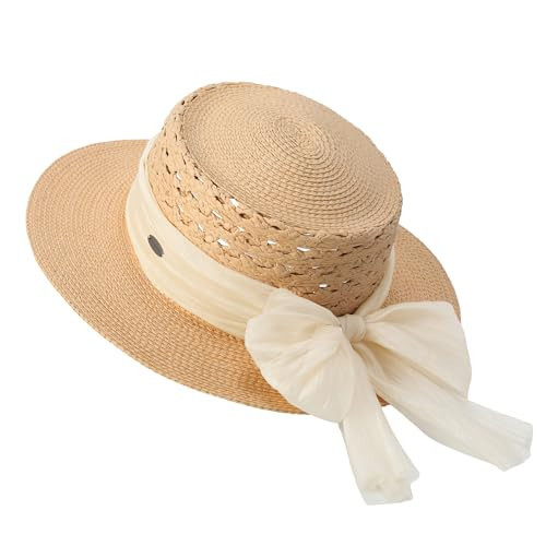 ACUSHLA Straw Sun Hat for Women Handwoven Wide Brim Adjustable Boho Summer Beach Hats with Bow Vintage Fedora Panama for Garden Vacation Pool Wedding Party Travel Sun Protection UPF 50+ UV, Khaki | Amazon (US)