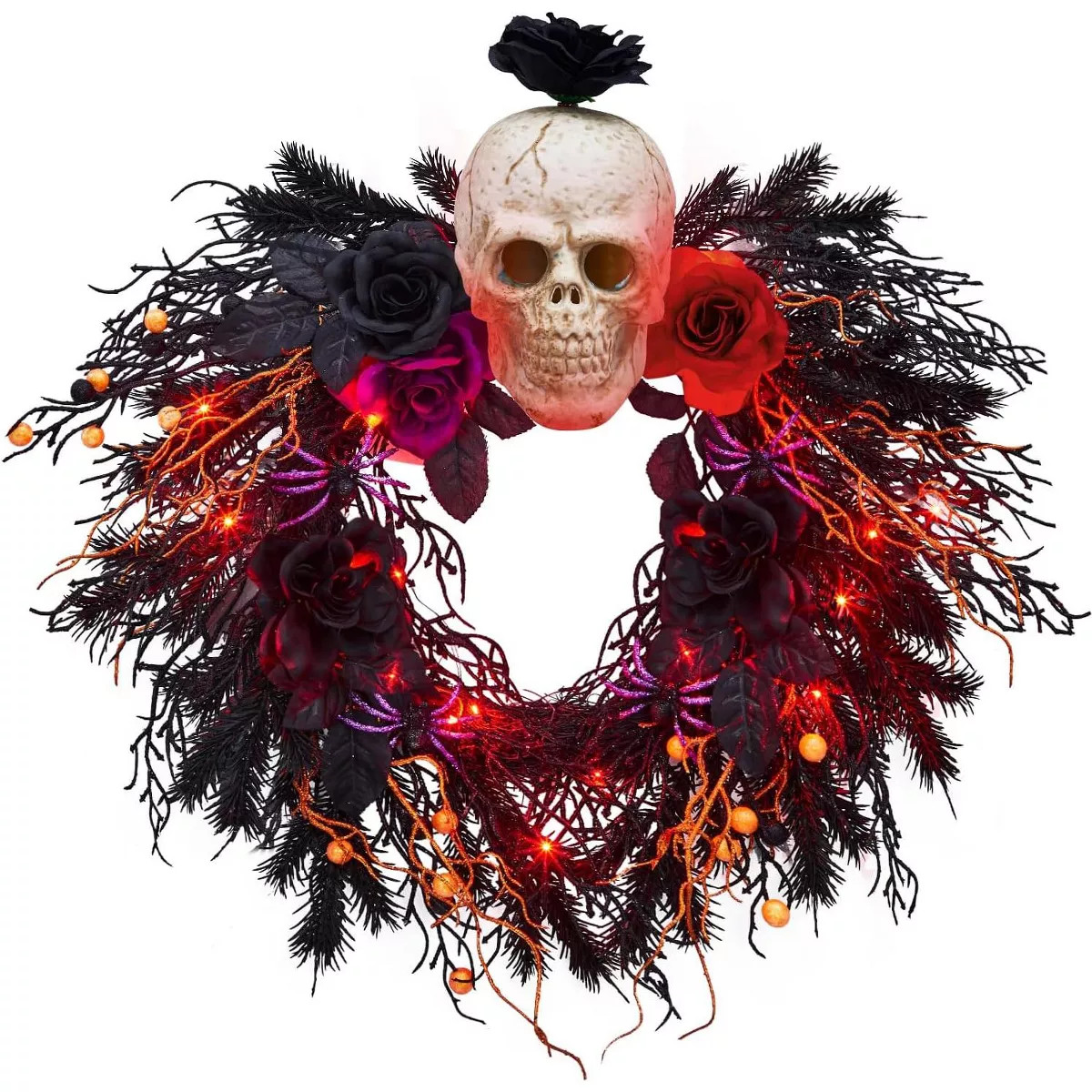 20" Halloween Wreath for Front Door, Halloween Artificial Wreath with Spider, Scary Skull, Rose | Target