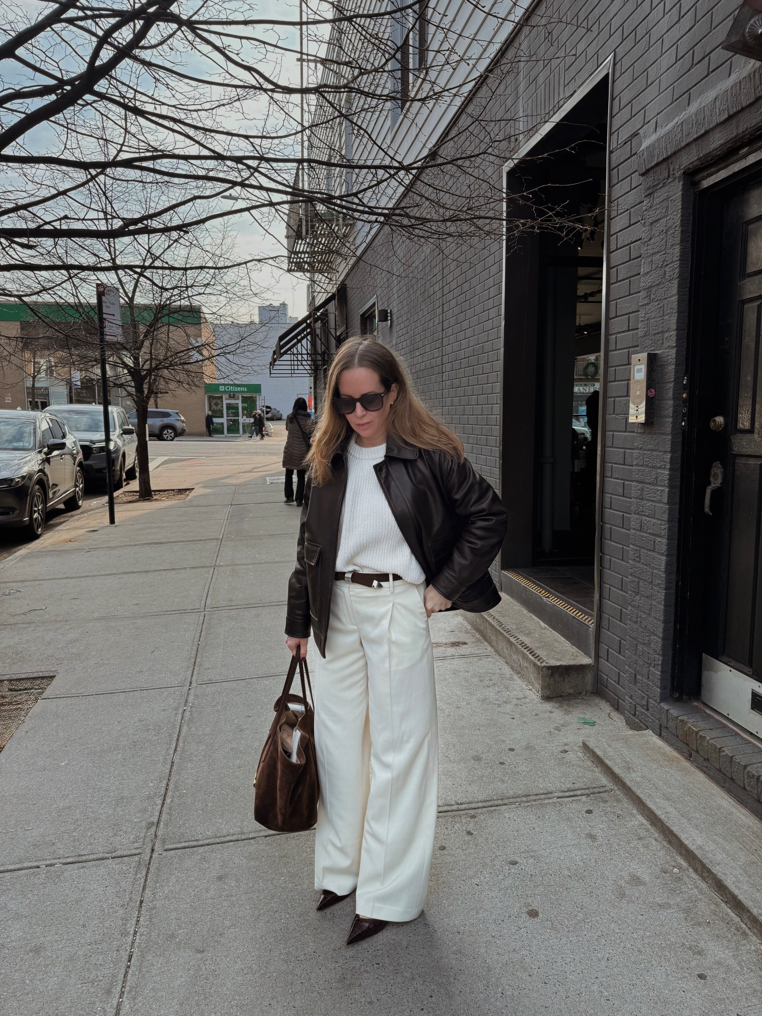 I'm wearing a size 36 in the leather jacket in the brown color. It runs large so size down one. The pants are a size 8 - i sized up! The shoes and sweater run TTS.

#LTKSpringSale #LTKOver40