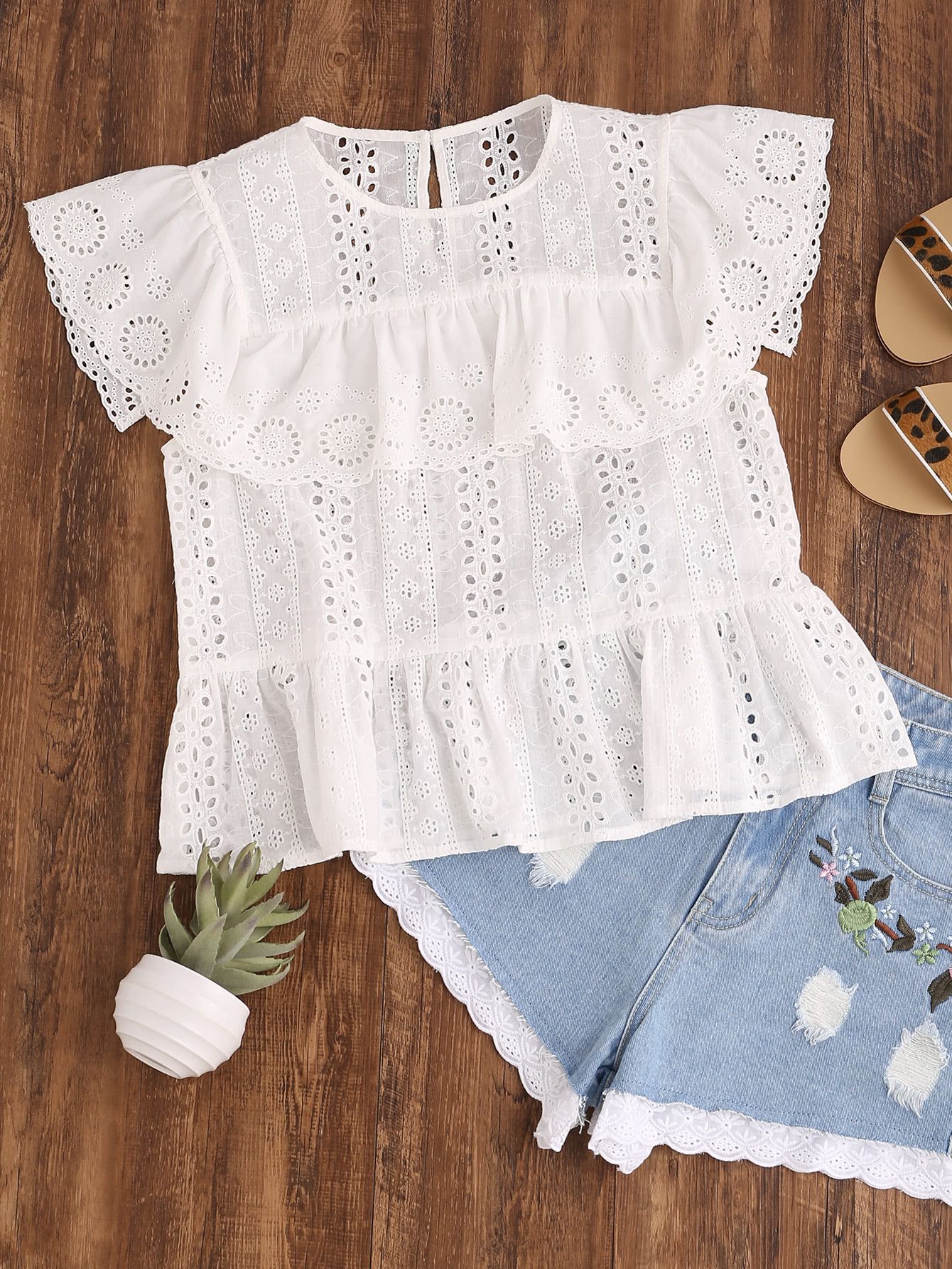 Ruffle Cap Sleeve Buttoned Keyhole Eyelet Embroidered Top | SHEIN