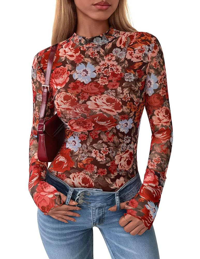 PRETTYGARDEN Womens 2025 Fall Mesh Floral Blouses Long Sleeve Going Out Tops Slim Fitted Shirts D... | Amazon (US)