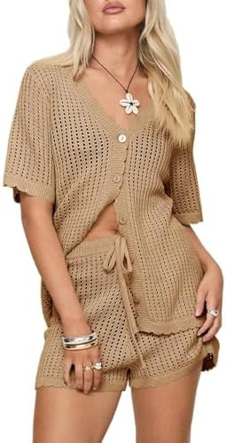 Saodimallsu Womens Crochet Swimsuit Coverup Sets Short Sleeve V Neck Button Tops Drawstring Short... | Amazon (US)