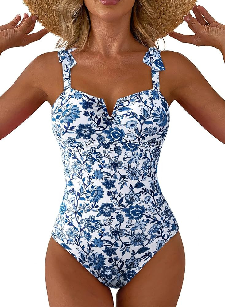 Aleumdr Women's One Piece Swimsuits Tummy Control Bathing Suits V Neck Boho Tie Shoulder Ruched F... | Amazon (US)