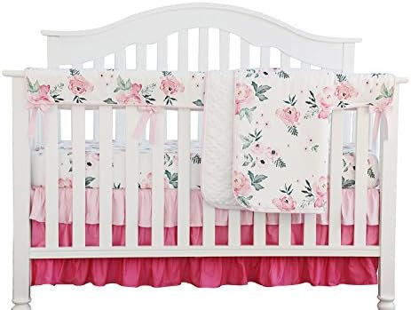 Pink Floral Ruffle Baby Minky Blanket Water Color, Pink Floral Nursery Crib Skirt Set Baby Girl C... | Amazon (US)