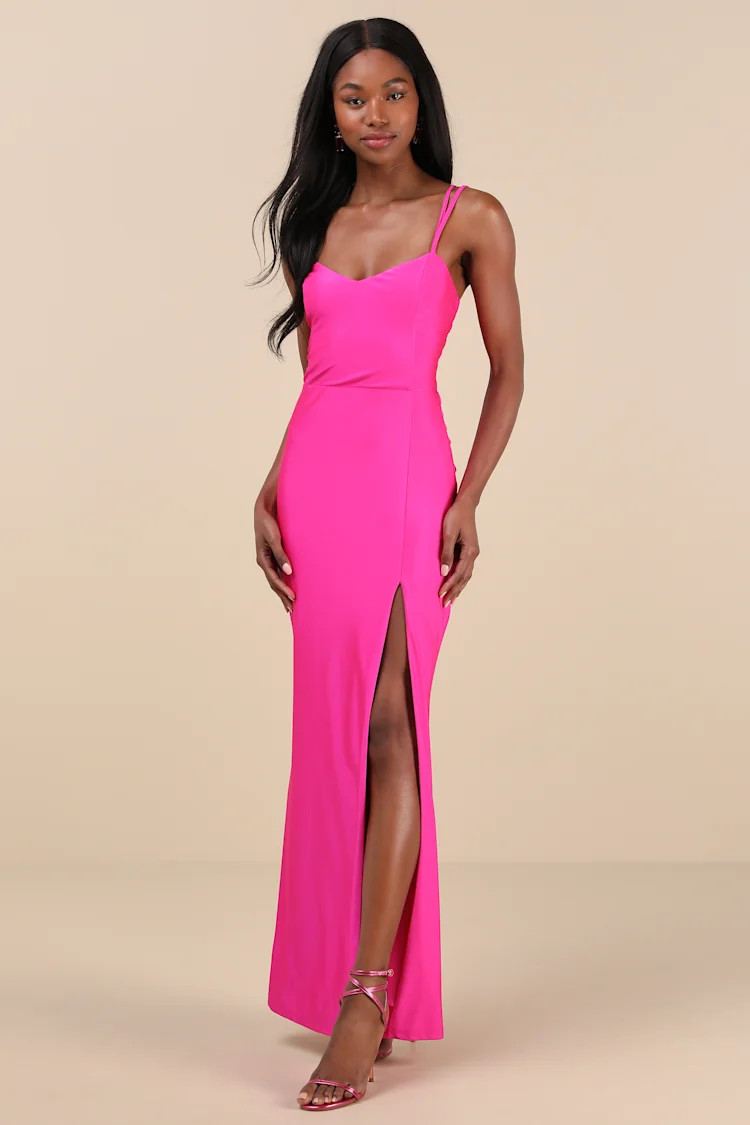 Jadine Hot Pink Slinky Knit Ruched Lace-Up Mermaid Maxi Dress | Lulus
