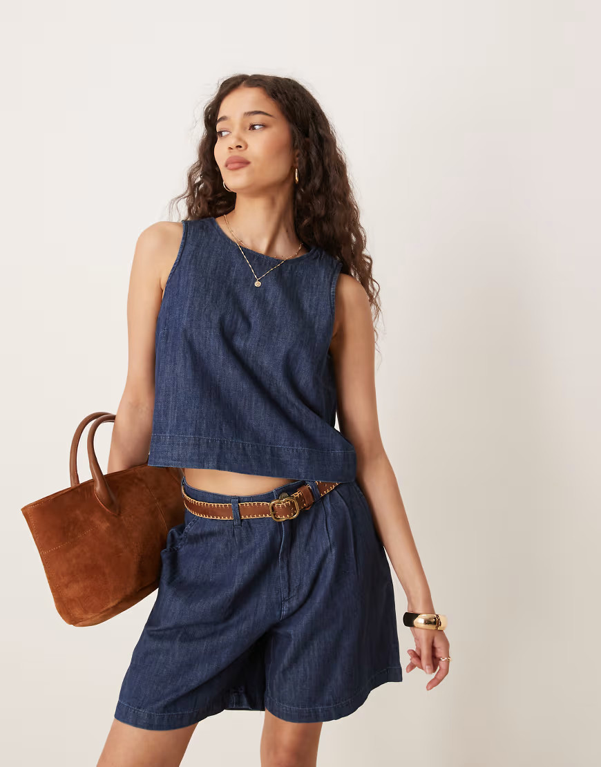Mango soft denim cropped shell top in indigo - part of a set-Blue | ASOS (Global)