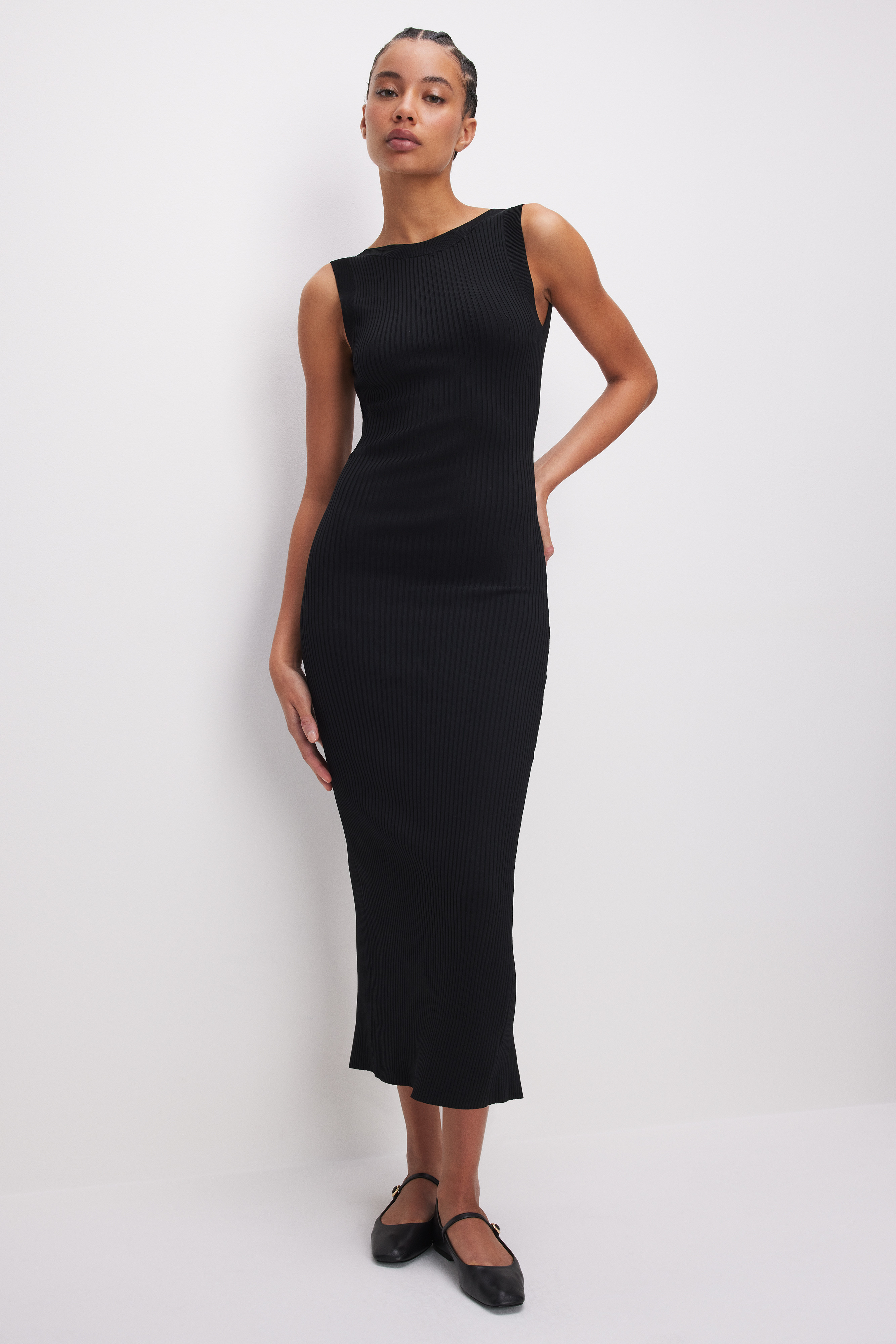 STRETCH RIB SCOOP BACK MIDI DRESS | Good American