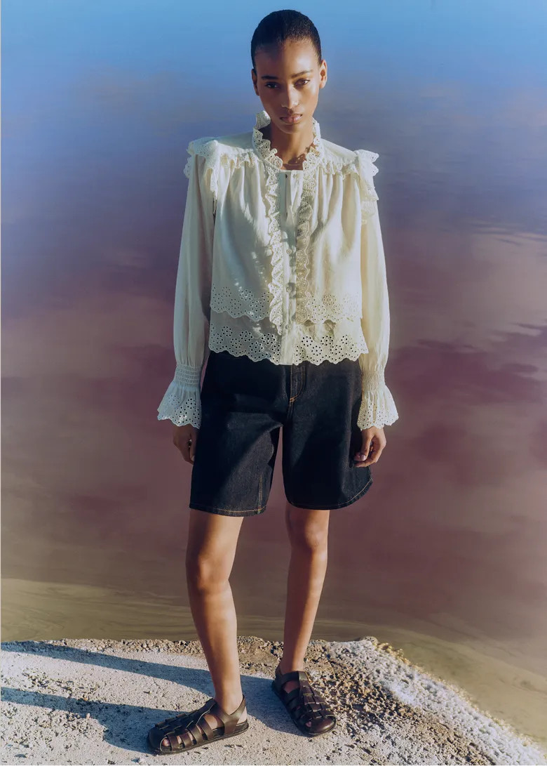 Cotton Broderie Ruffle Cropped Top | ME+EM US