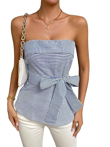 WDIRARA Women's Striped Strapless Sleeveless Belted Asymmetrical Hem Tube Top Blue and White L | Amazon (US)