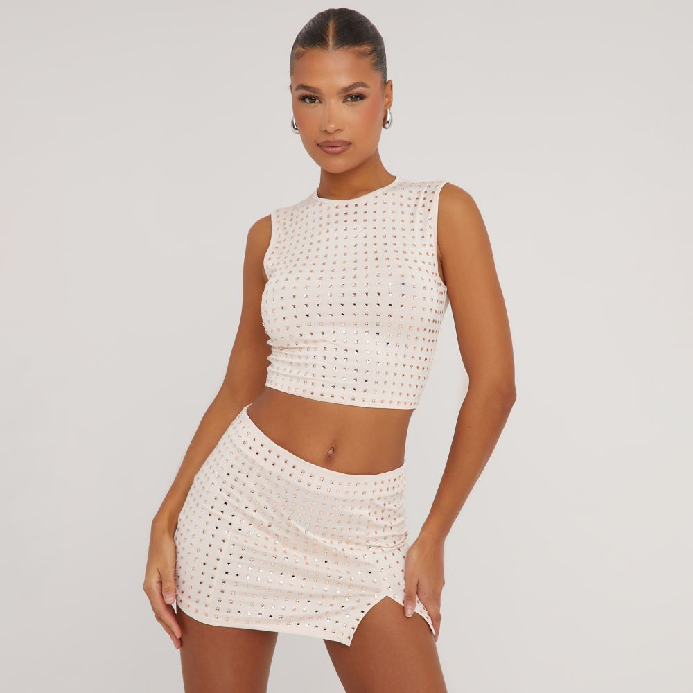 Diamante Detail Racer Crop Top In Nude | EGO (UK)