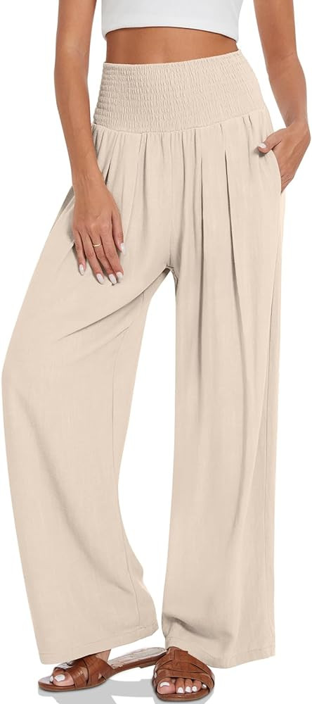 UEU Women's Linen Palazzo Pants Wide Leg High Waisted Lounge Casual Beach Pants with Pockets | Amazon (US)