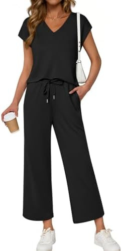 ATHMILE Two Piece Sets for Women Spring Summer Travel Airport Vacation Outfits Lounge V Neck Tops... | Amazon (US)