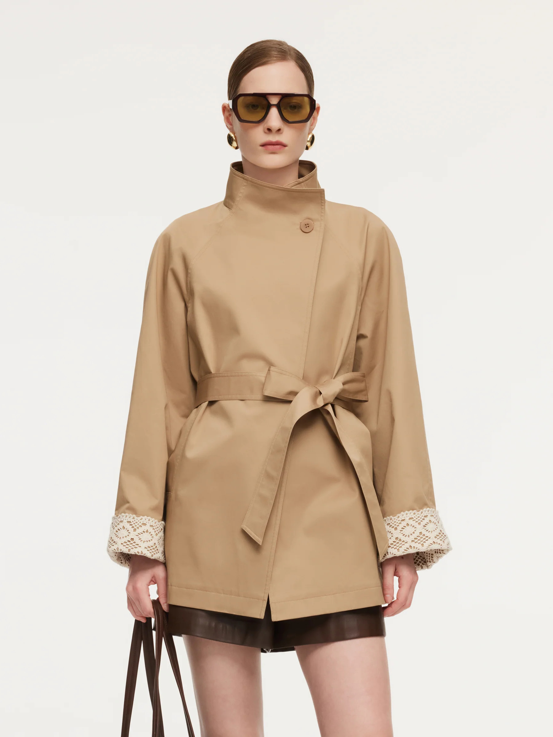 Cotton Stand Collar Lace Cuffs Women Self-Tie Belt Trench Coat | GOELIA