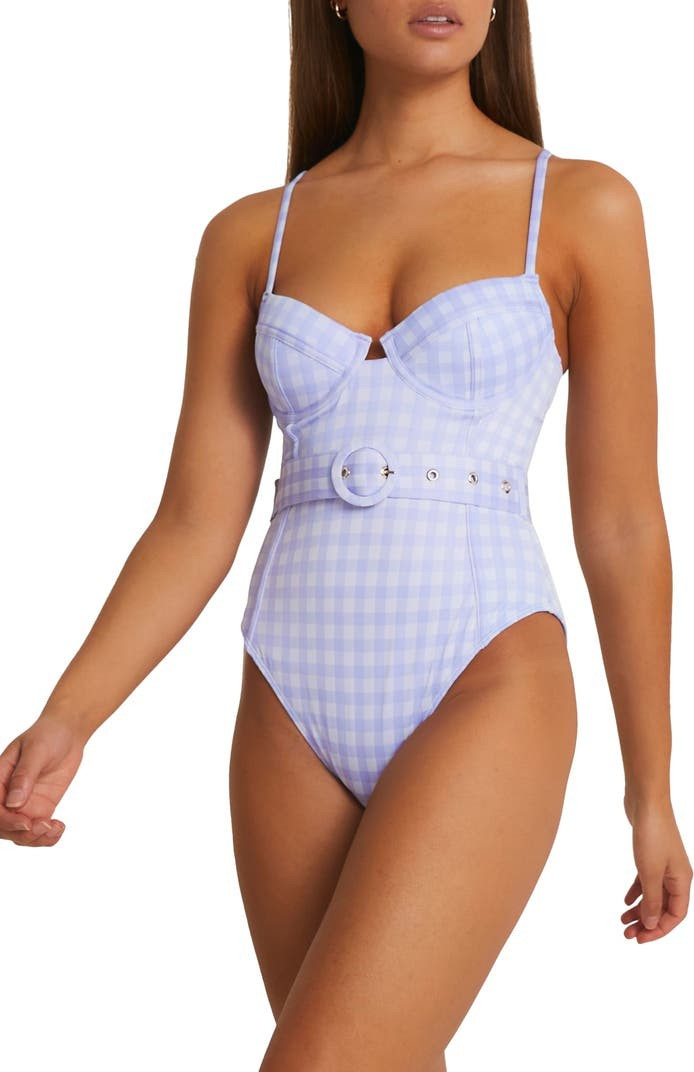 Belted Structured Gingham Underwire One-Piece SwimsuitRIVER ISLAND | Nordstrom