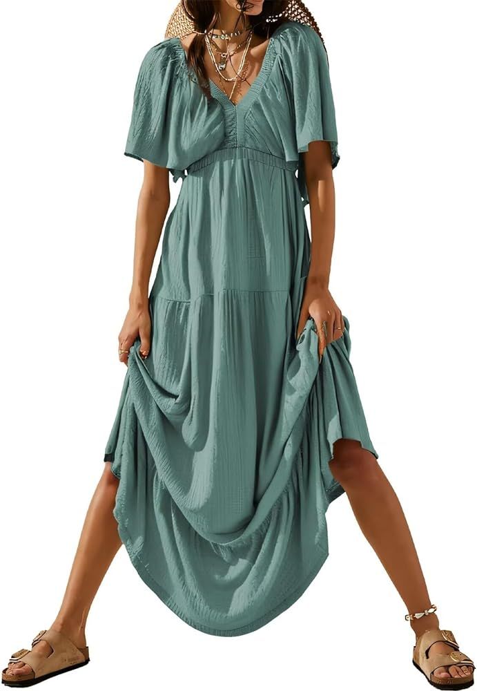 Acelitt Women Casual V Neck Short Sleeve Tiered Long Maxi Dress,S-XXL | Amazon (US)
