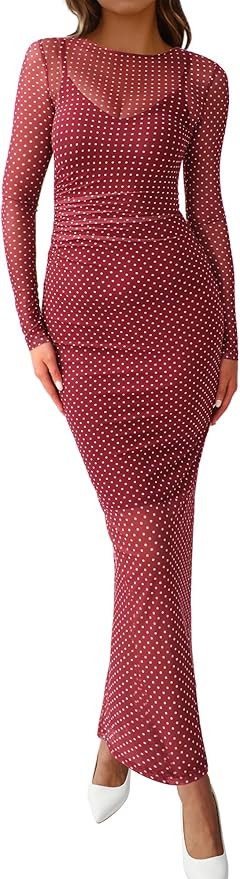 BTFBM Spring Dresses for Women 2026 2 Piece Set Long Sleeve Polka Dot Sexy Bodycon Mesh Dress and... | Amazon (US)