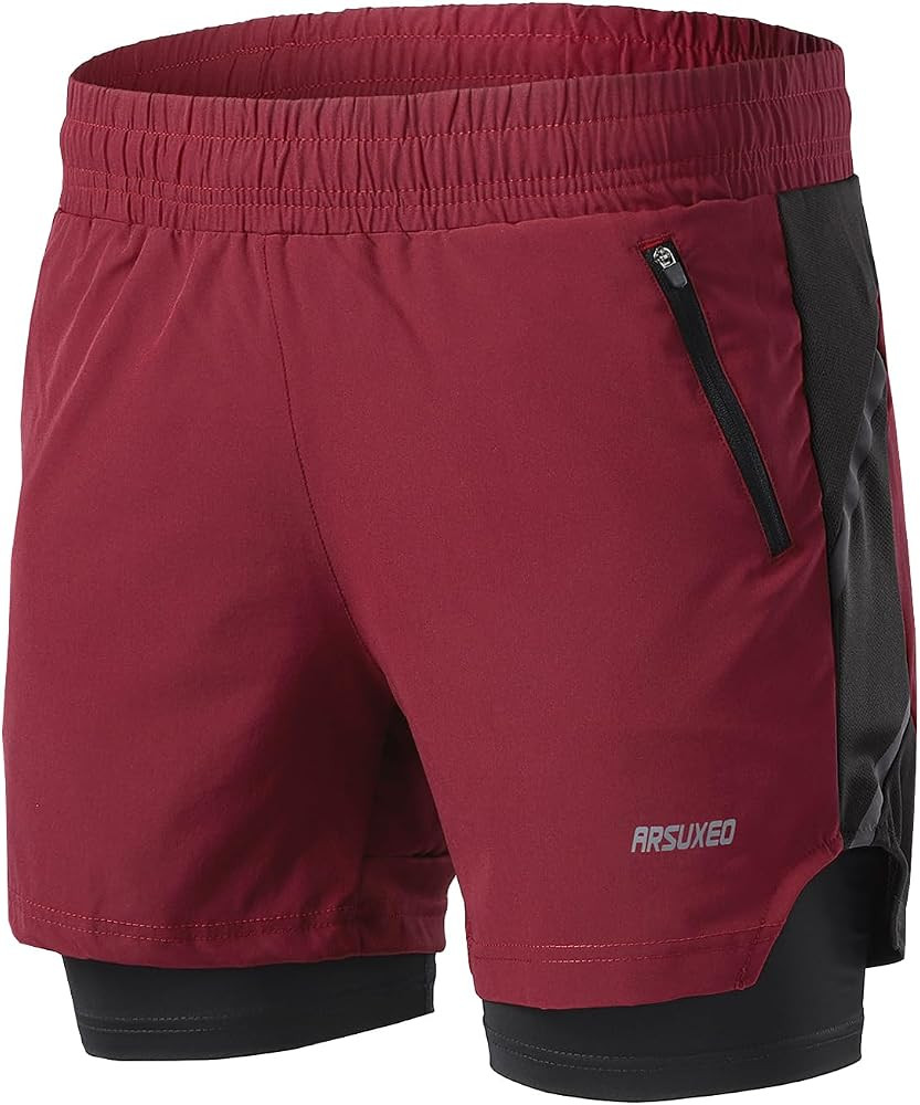 ARSUXEO Men's 2 in 1 Active Running Shorts Athletic Workout Shorts with 2 Zipper Pockets | Amazon (US)