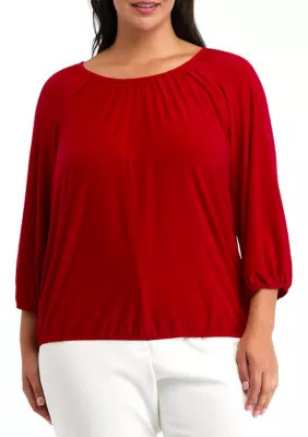 AK Anne Klein Women's Plus Size Shirred Knit Peasant Top, Red, 1X | Belk