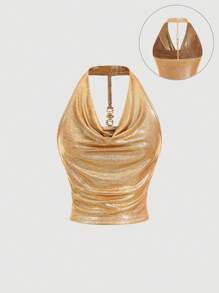 SHEIN MOD Elegant Draped Neck Sequin Women Top, Gold Top,Sequin Top,Rave,Graduation,Country Concert,Casual | SHEIN