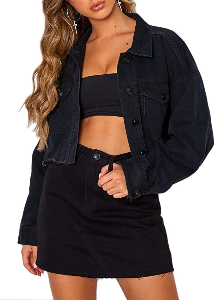 Eliacher Women's Boyfriend Denim Jacket Long Sleeve Loose Jean Jacket Coats | Amazon (US)