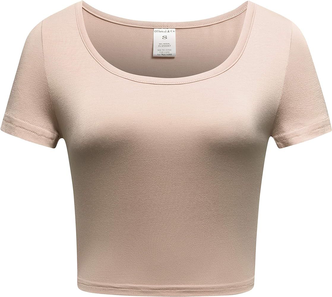 OThread & Co. Women's Basic Crop Tops Stretchy Casual Scoop Neck Cap Sleeve Shirt | Amazon (US)