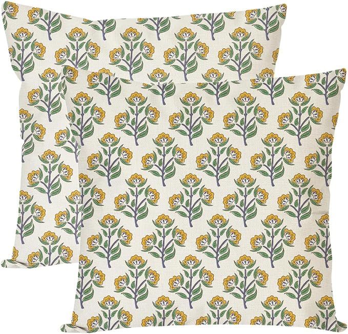 Block Print Throw Pillow Covers 18x18 Inch Set of 2 Green and Yellow Floral Vintage Boho Outdoor ... | Amazon (US)