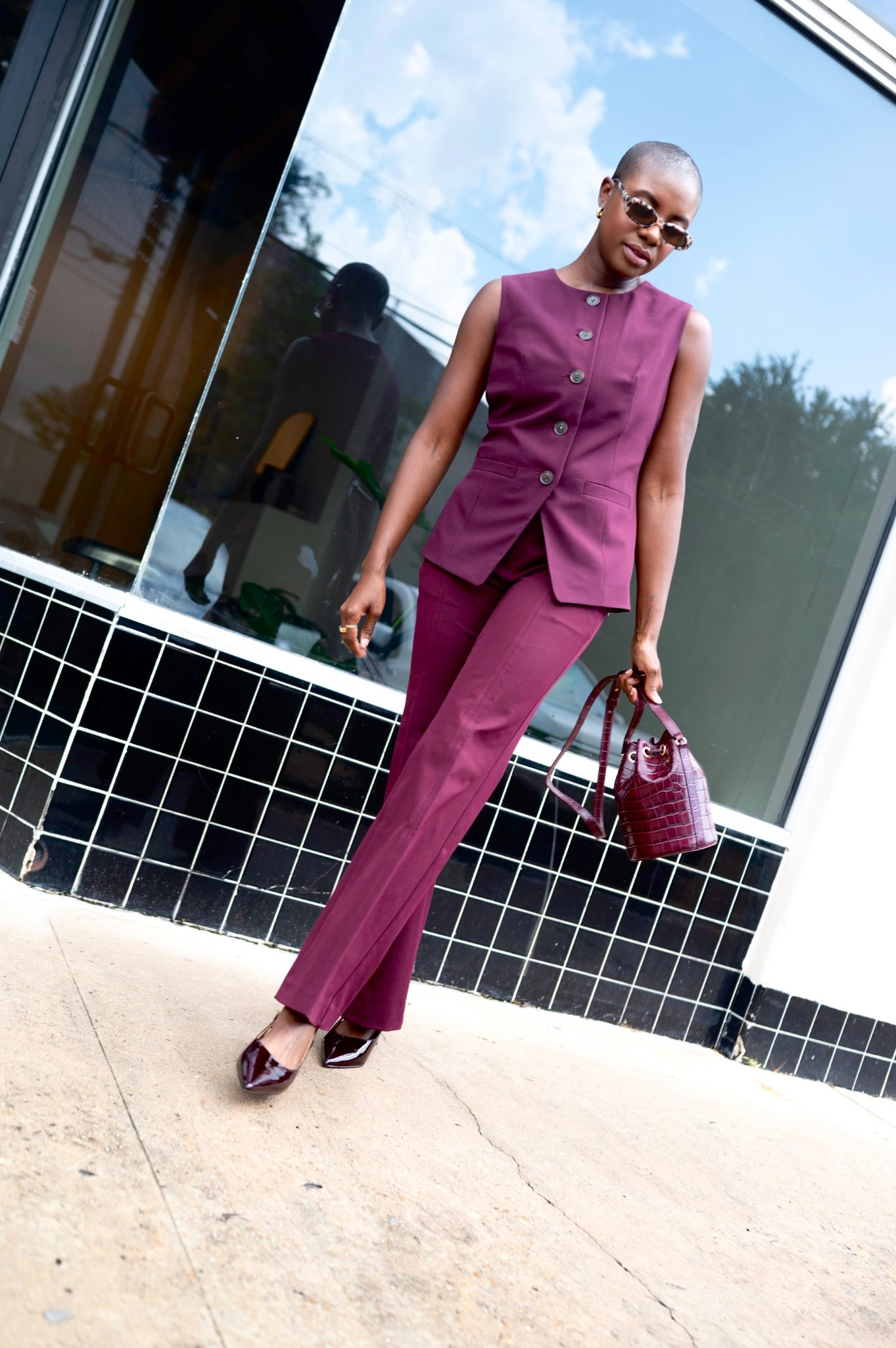 Workwear! Monochrome fall outfit in rich burgundy! Burgundy button up vest, burgundy trousers, burgundy slingback kitten heels and burgundy croc bucket purse with oval tortoise sunglasses  

#LTKWorkwear #LTKFindsUnder100