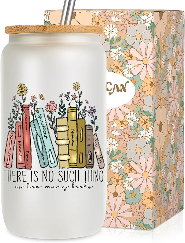 LEADO 16 oz Cute Glass Cups with Lids and Straws - Book Lovers Gifts - Bookish Present, Birthday,... | Amazon (US)