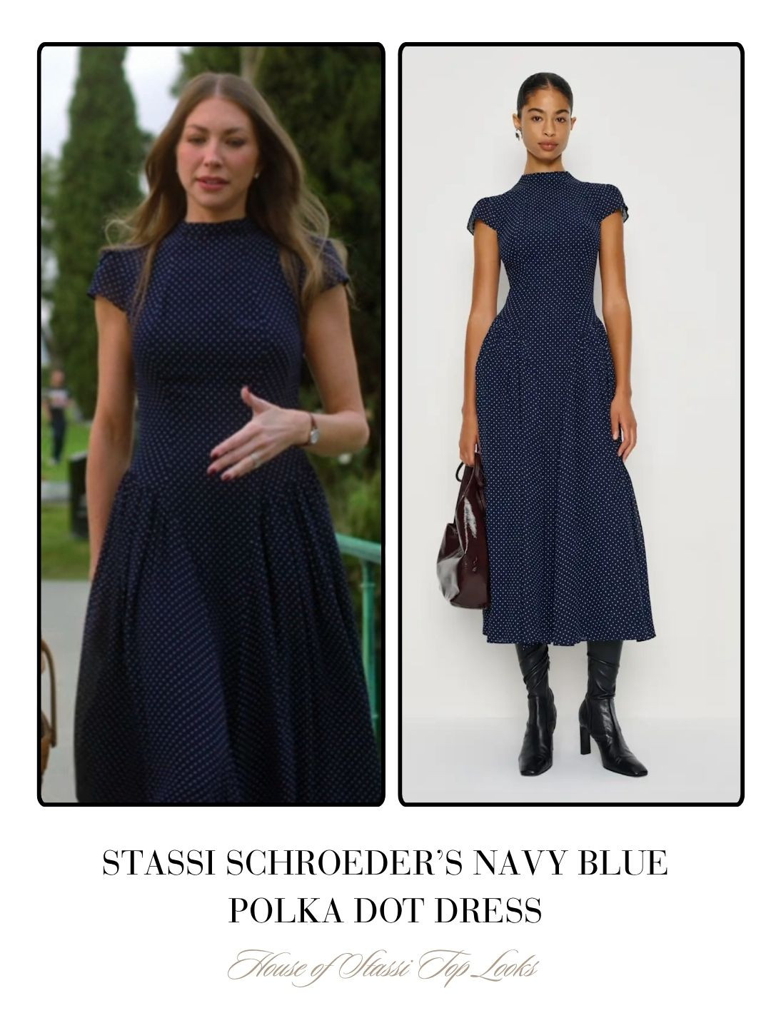 Stassi Schroeder's Navy Blue Polka Dot Dress on House of Stassi Season 1 Episode 3 

 