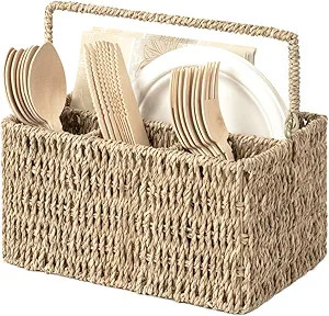 StorageWorks Wicker Flatware Organizer, Hand Woven Seagrass Cutlery Holder for Countertop with Ha... | Amazon (US)