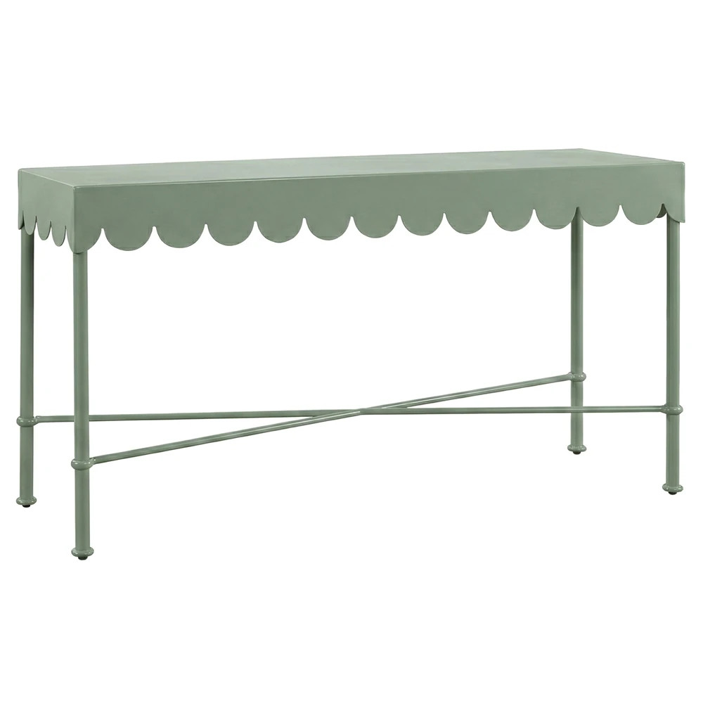 Delphine French Green Aluminum Scalloped Rectangular Outdoor Console Table | Kathy Kuo Home