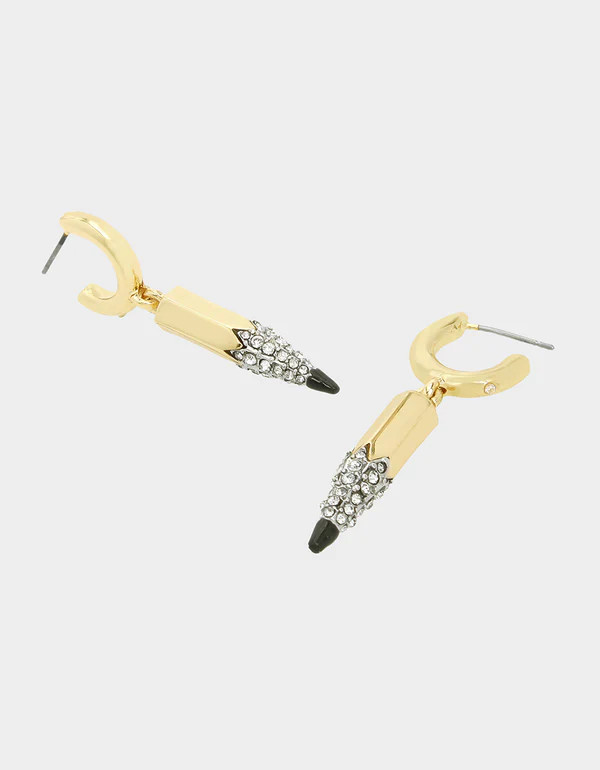 BOOK SMART PENCIL HUGGIE EARRINGS RHINESTONE | Betsey Johnson