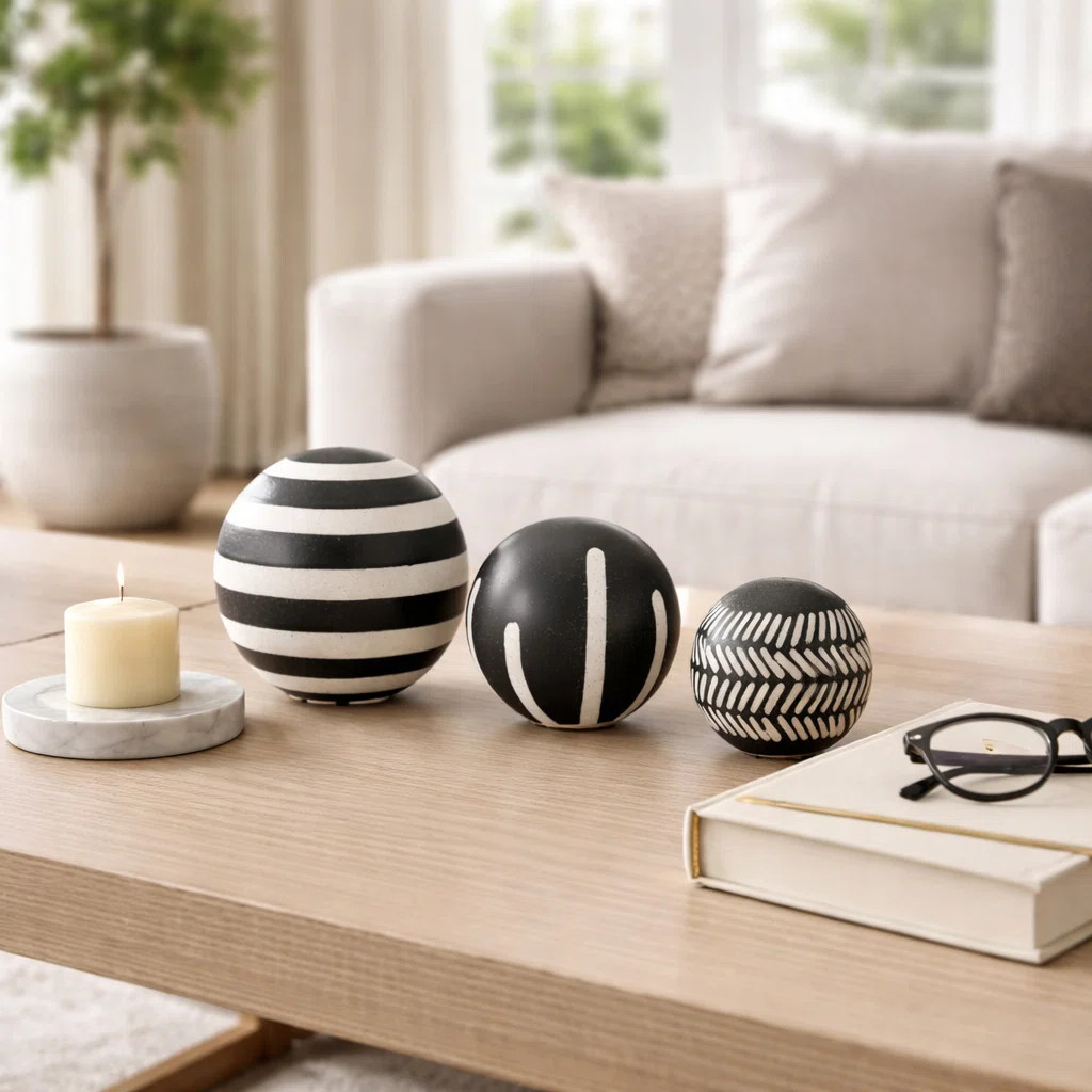 Decorative Orbs with Abstract Pattern - Set of 3, 6", 5", 4", Black & Ivory | Wayfair North America
