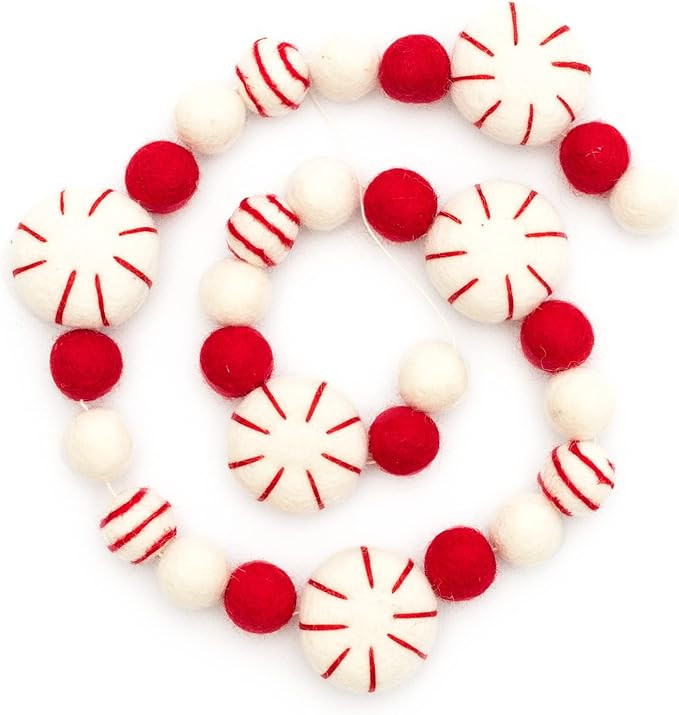 Glaciart One Peppermint Felt Balls Garland - Pompom Holiday Decoration Hand-Made from Natural Woo... | Amazon (US)