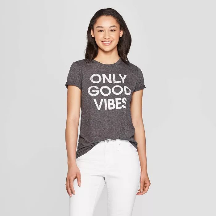Women's Short Sleeve Only Good Vibes Gray Graphic T-Shirt - Modern Lux (Juniors') - Charcoal | Target
